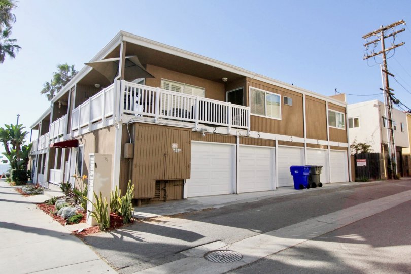 Garages and second floor balconies at the Sea Spray Villas II in Oceanside, California