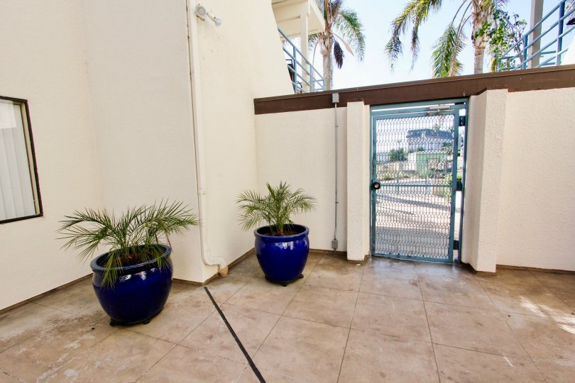 A gated and tiled yard with blue vases in the Camelot Bay community.