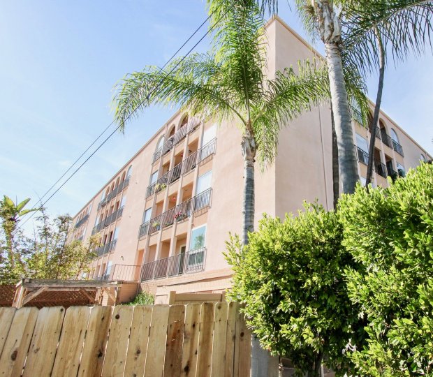 A sunny day in the area of Del Rey, palm trees, high rise condos, balconies, outside