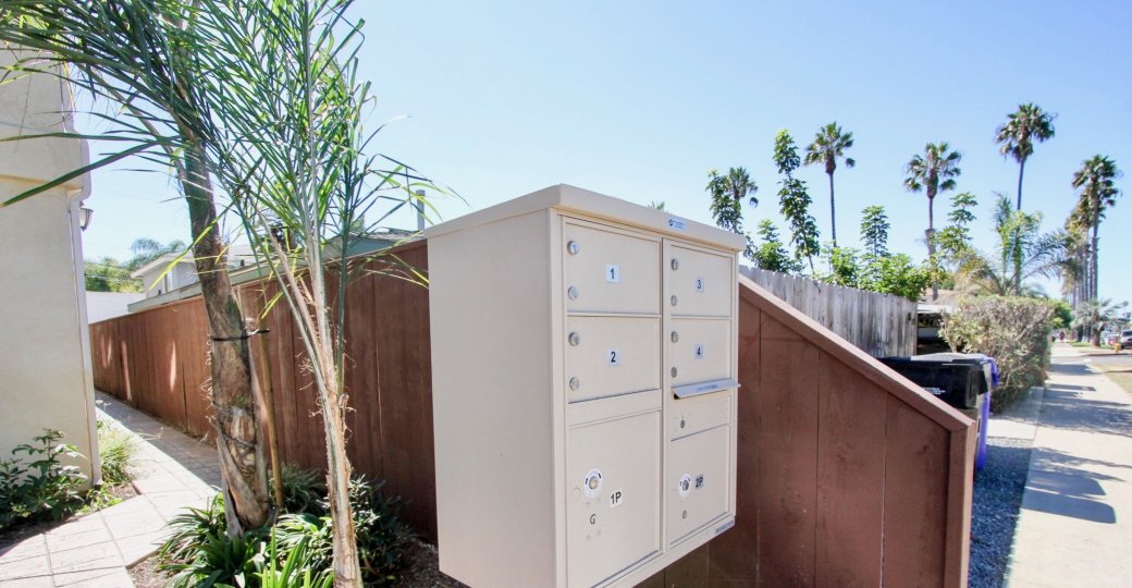 A view of the mailbox slots at Grand Ave Townhomes in Pacific Beach