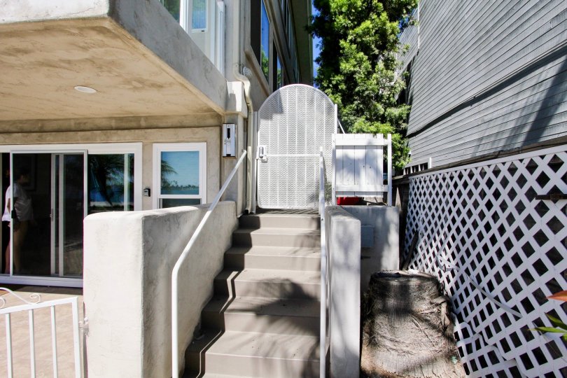 The steps in front entrance of Sail Bay Condos with tall trees around