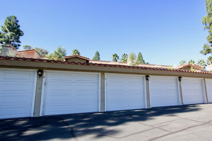 View of garages and trees at Bernardo Greens in Rancho Bernardo, California.
