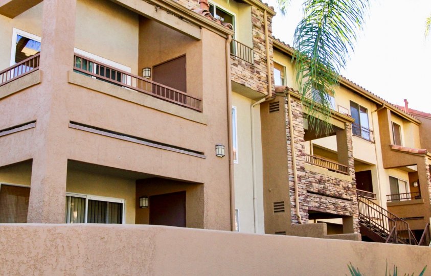 Two story housing with palm trees at Villa Taviana in Rancho Bernardo CA