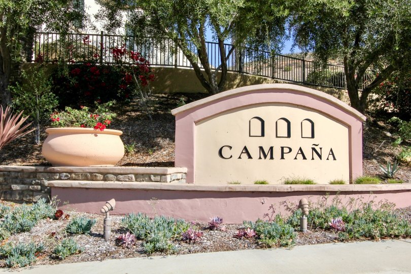 Large community sign near a hillside at Campana in San Marcos California