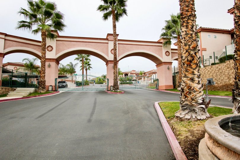 Imposing gated vehicle and pedestrian entrance with high arches and a median with mature palm trees at Pointe Lakeview