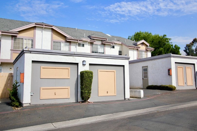 A view of a set of garages in the Spring Canyon community in Spring Valley, California