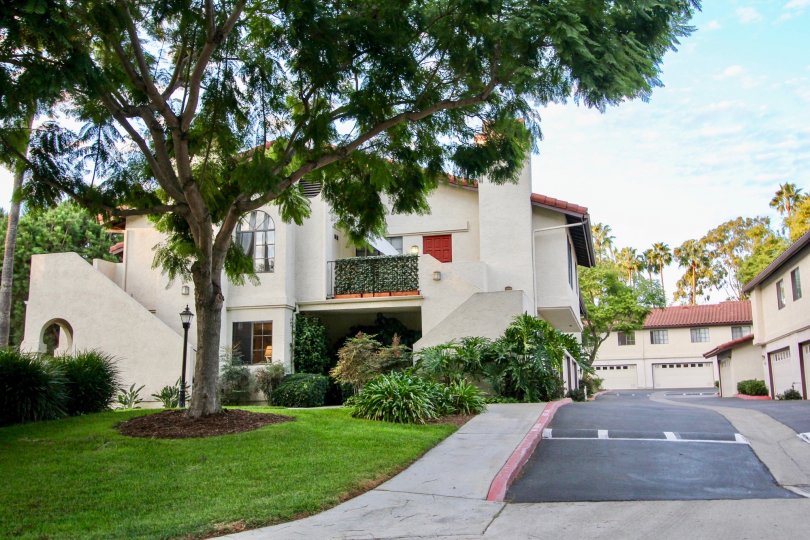 Parking lot entry, meticulous lawn, and plenty of topiaries at Las Palmas in University City, California.