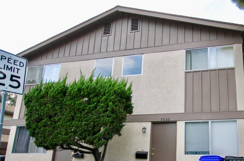 Two story housing units with a tree at University Woods in University City California