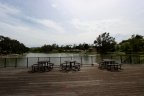 These picnic tables overlook the lake at Lake Village